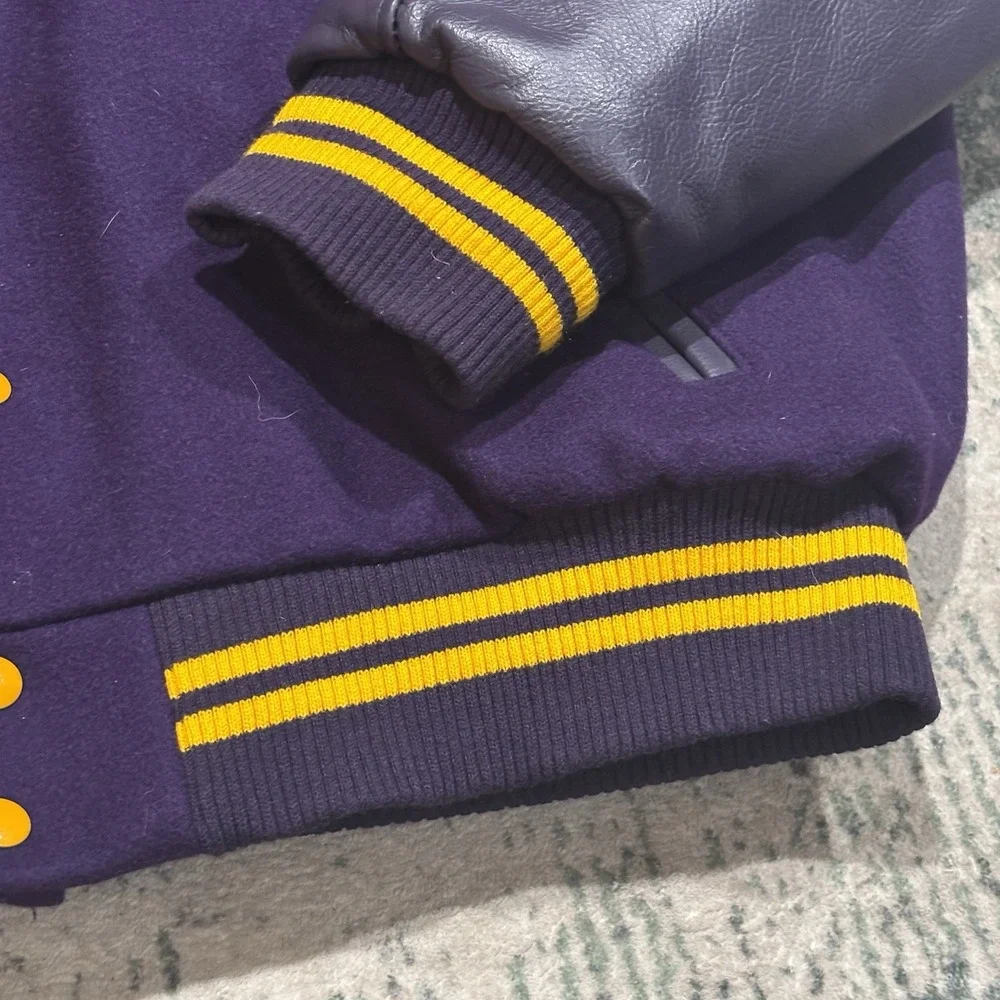 Vintage Rennoc USA Wool Leather Varsity Jacket Purple Gold Sailor Hood Large
